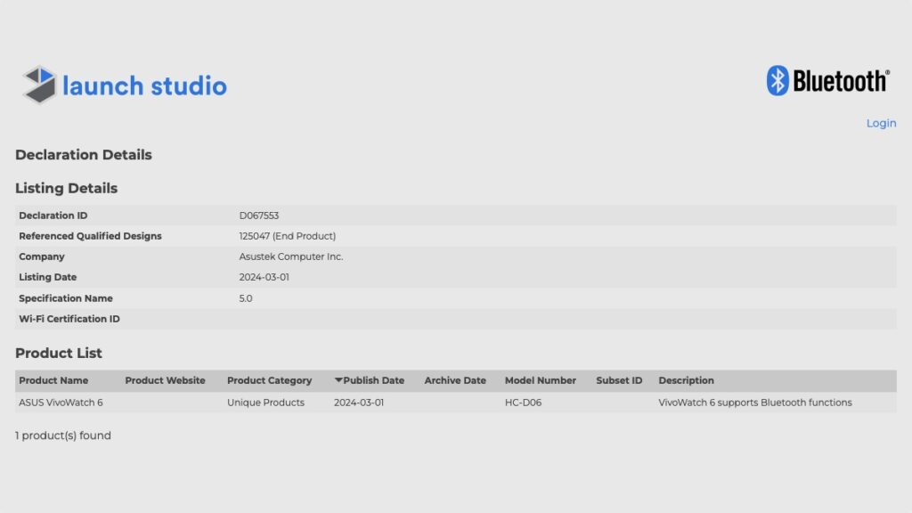 Asus vivowatch 6 bluetooth sig