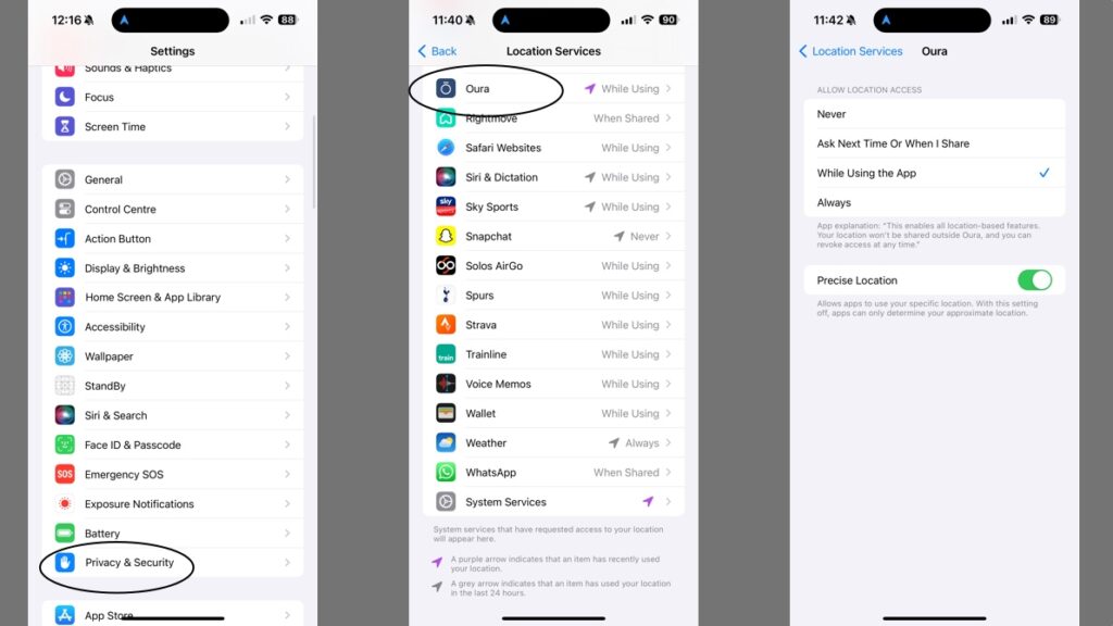 set up oura location services