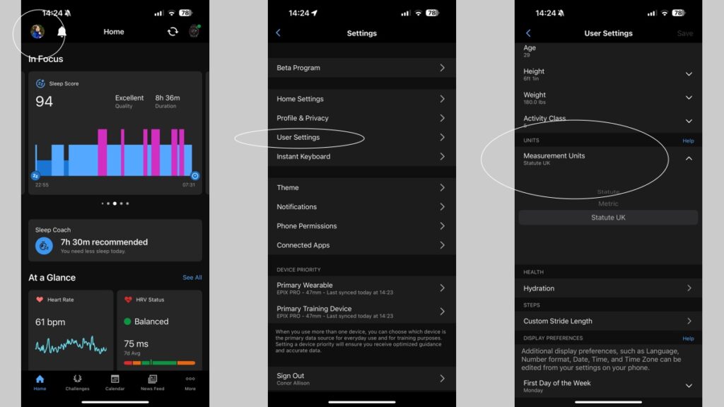 Garmin units of measurement app connect