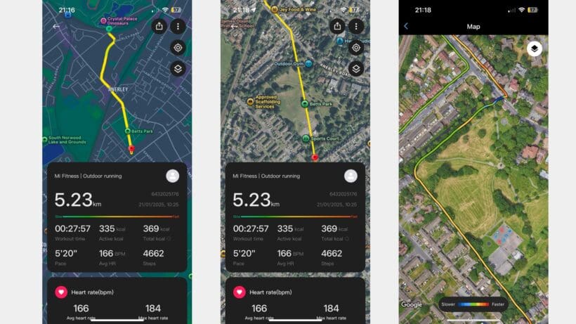 GPS comparison of Redmi Watch 5 (left and center) and Garmin Instinct 3 (right)