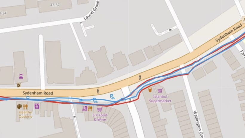 GPS compared: Garmin Instinct 3 (blue) and Garmin Forerunner 965 (red)