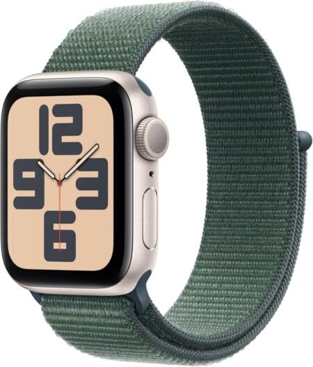 Deal Apple Watch SE (2nd Gen) [GPS 40mm] Smartwatch with Starlight Aluminum Case with Lake Green Sport Loop One Size