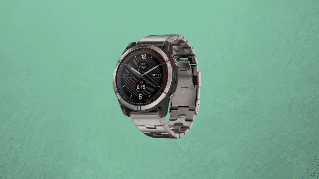 Garming Quatix 7X Solar Edition Deals Article image showing the watch on a greeen background