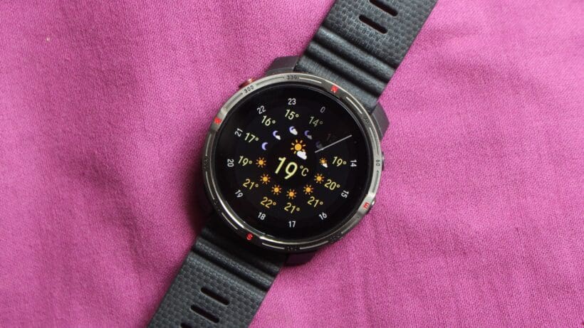 Polar Grit X2 AMOLED display showing weather update