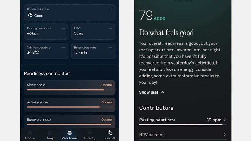 luna ring 2 and oura ring 4 readiness score comparison